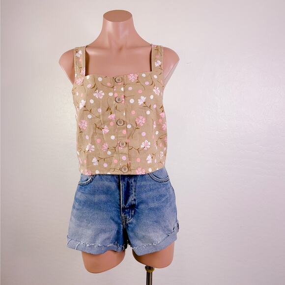BP Sophie Floral Square Neck Linen Smocked Crop Tank Top Beige Tan Size 1X NWT - Picture 9 of 9